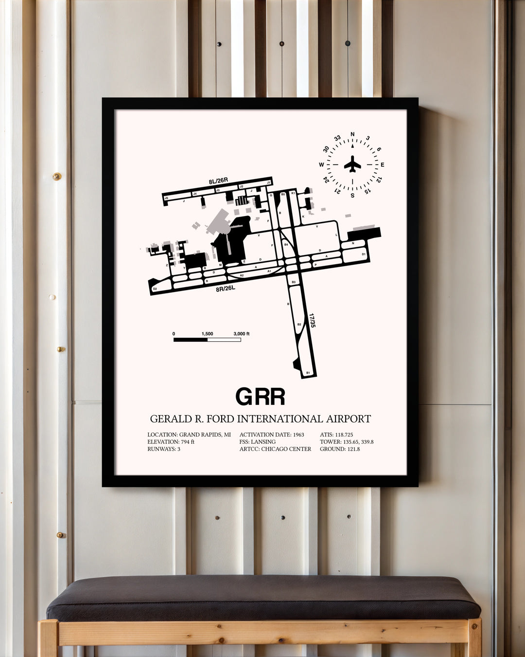 Gerald R. Ford International Airport framed poster displayed in an airplane hangar