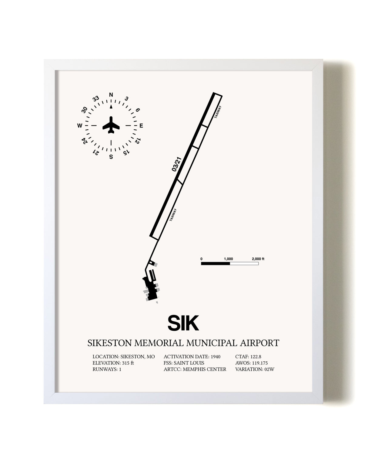 Sikeston Memorial Municipal Airport airport map poster in oak frame