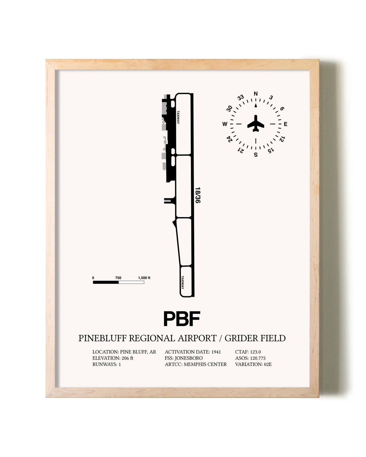 Pinebluff Regional Airport / Grider Field framed wall art in white frame