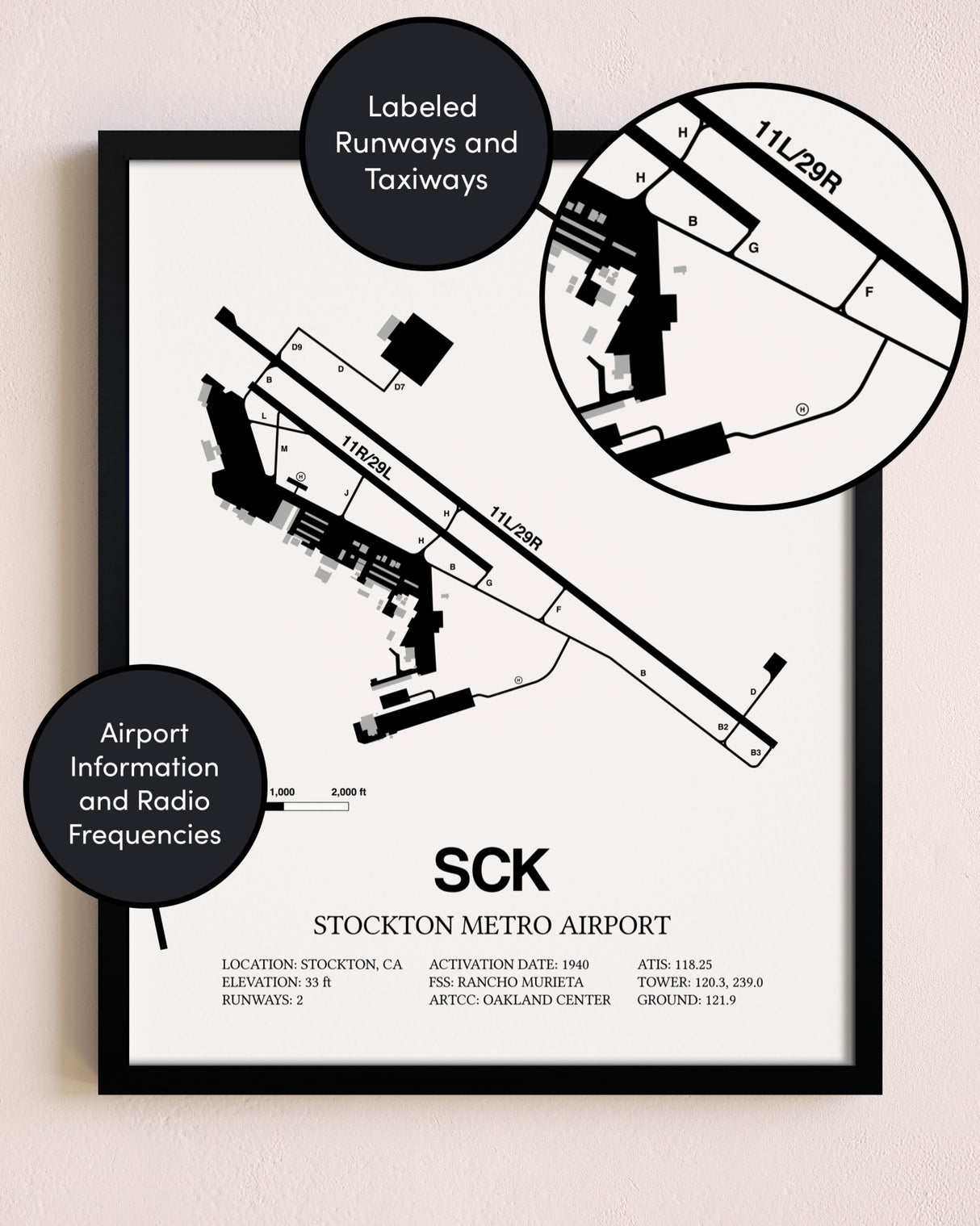 Framed Stockton Metro Airport layout wall art poster