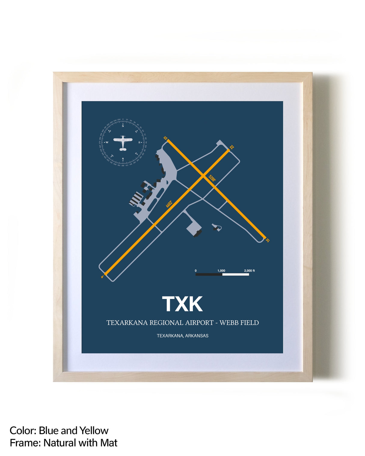 Texarkana Regional Airport - Webb Field framed print in natural wood frame with mat