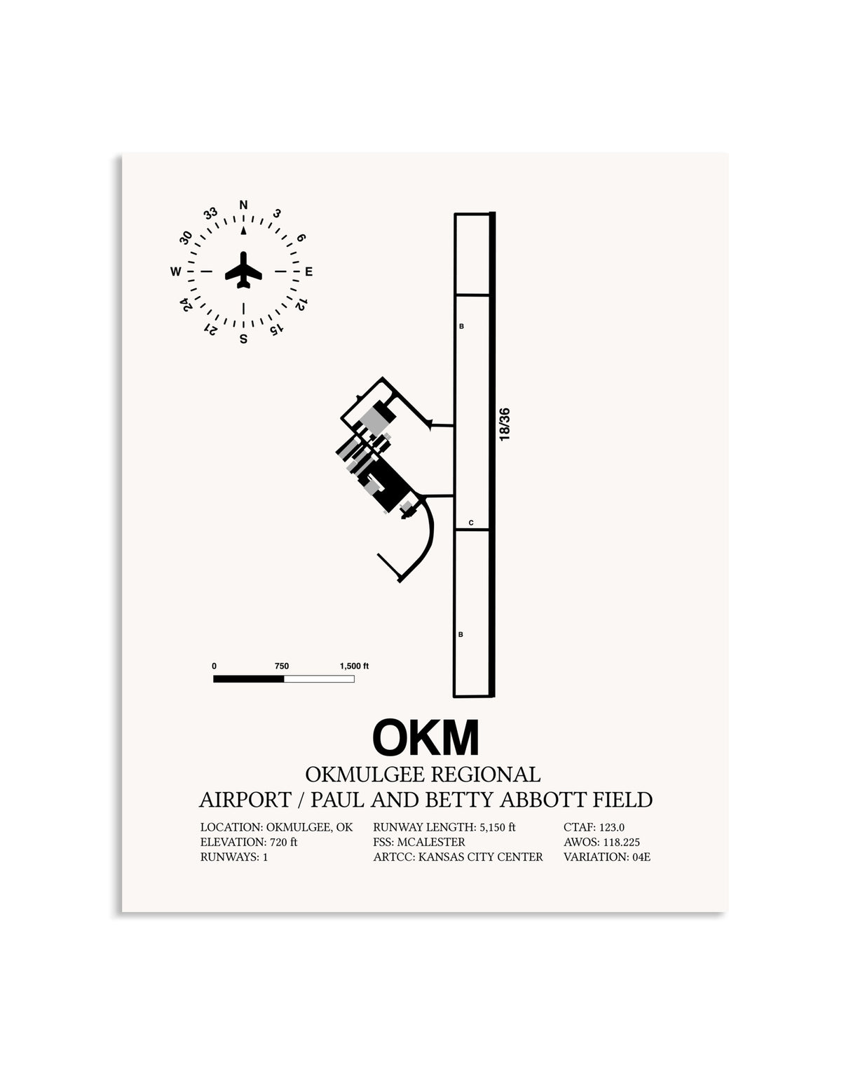 Gray Okmulgee Regional Airport / Paul And Betty Abbott Field framed poster displayed in an airplane hangar