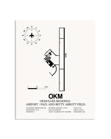 Gray Okmulgee Regional Airport / Paul And Betty Abbott Field framed poster displayed in an airplane hangar
