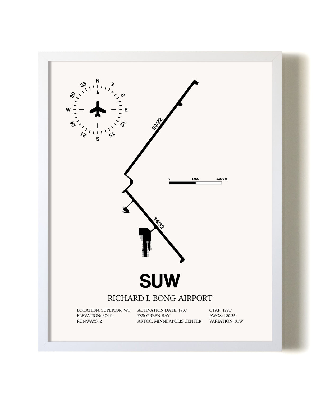Richard I Bong Airport airport map poster in oak frame