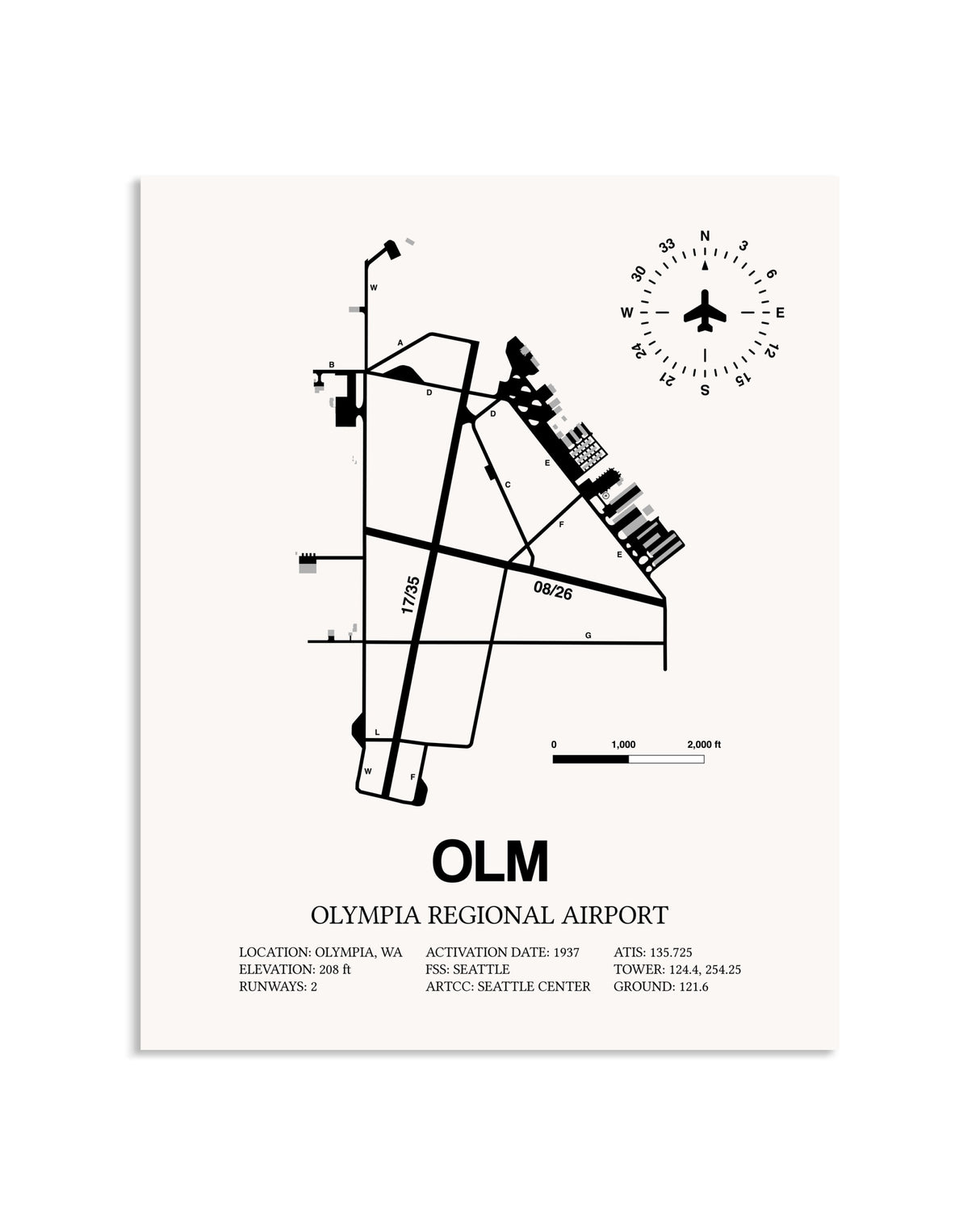 Gray Olympia Regional Airport framed poster displayed in an airplane hangar