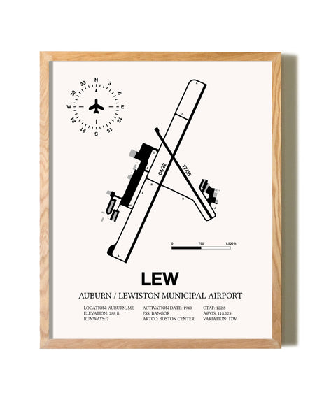 Auburn / Lewiston Municipal Airport framed print in natural wood frame