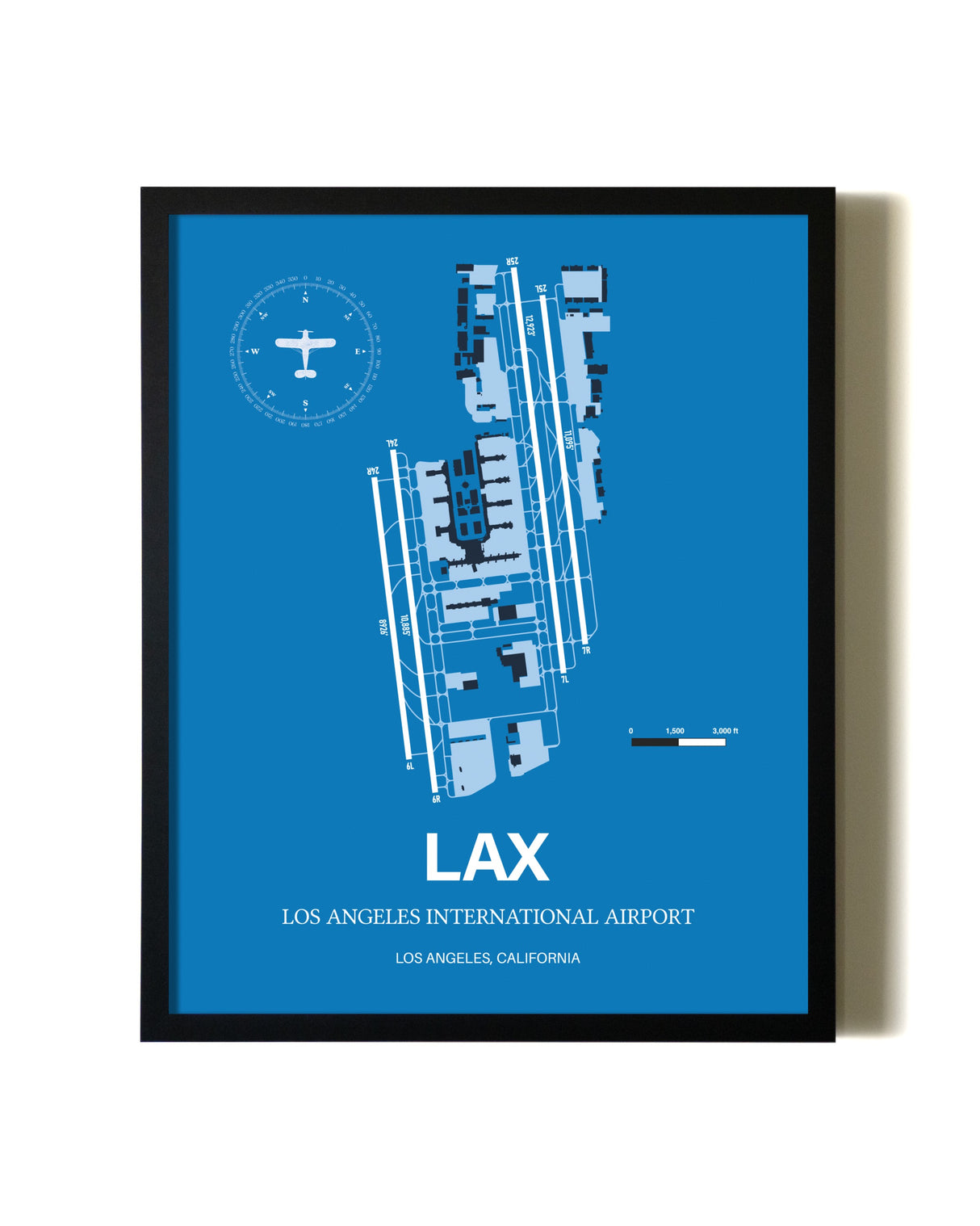 Sky Blue Los Angeles International Airport aviation wall décor in black wood frame
