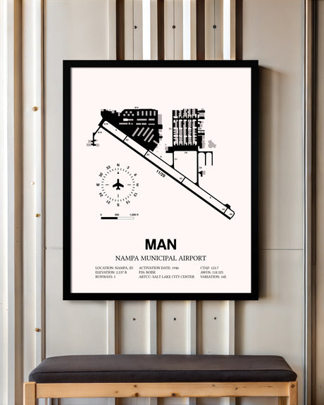Nampa Municipal Airport framed poster displayed in an airplane hangar