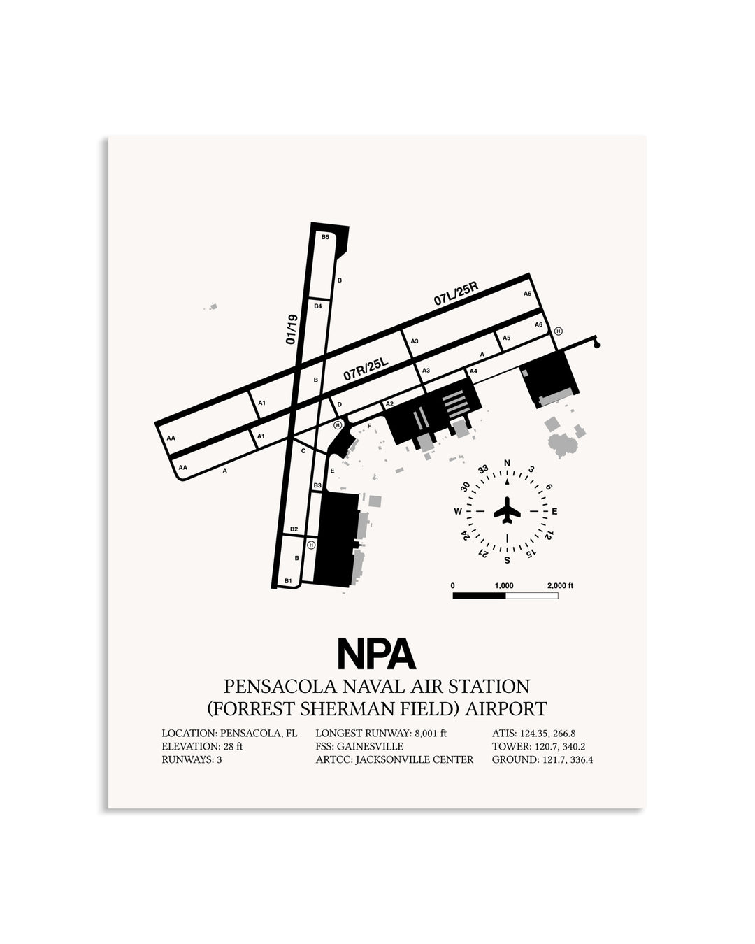 Gray Pensacola Naval Air Station (Forrest Sherman Field) Airport framed poster displayed in an airplane hangar