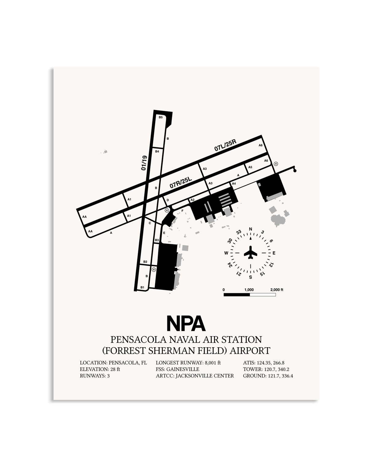 Gray Pensacola Naval Air Station (Forrest Sherman Field) Airport framed poster displayed in an airplane hangar