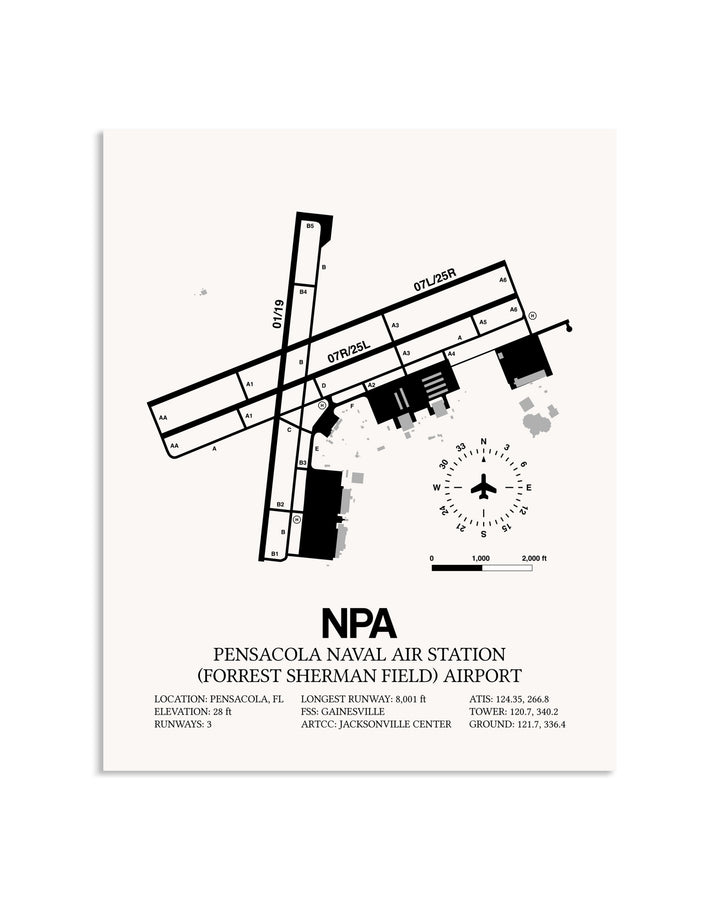 Gray Pensacola Naval Air Station (Forrest Sherman Field) Airport framed poster displayed in an airplane hangar
