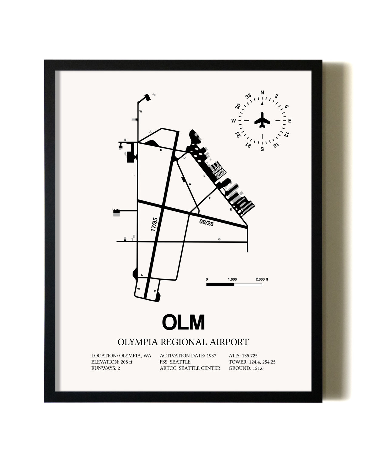 Framed Olympia Regional Airport wall art poster in black frame