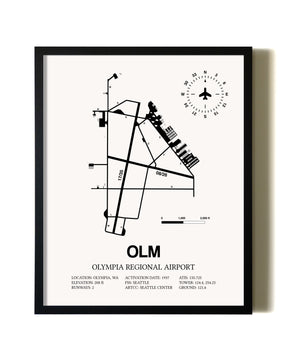 Framed Olympia Regional Airport wall art poster in black frame