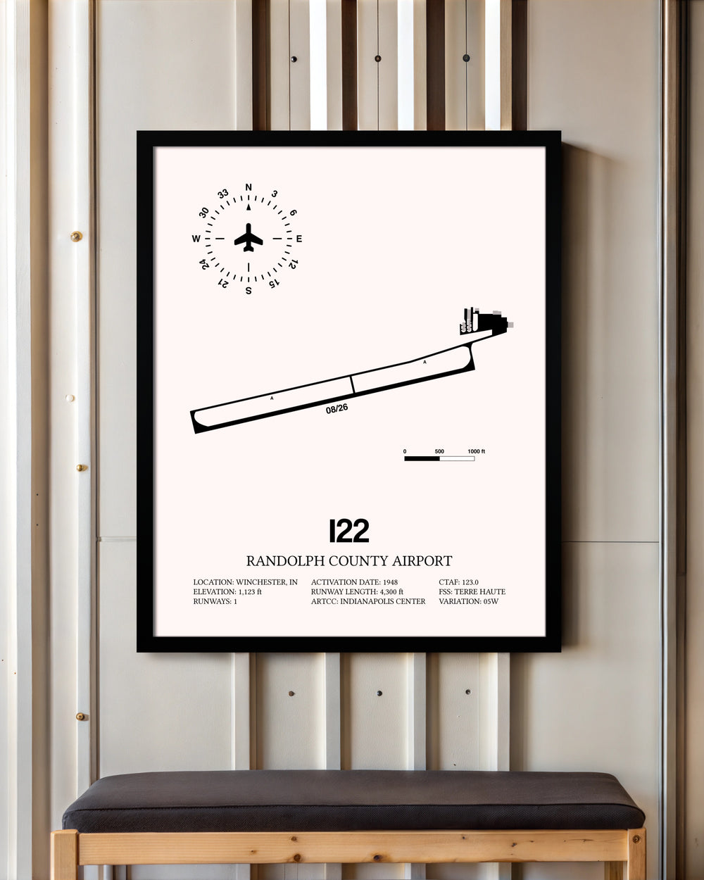Randolph County Airport framed poster displayed in an airplane hangar