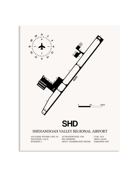 Gray Shenandoah Valley Regional Airport framed poster displayed in an airplane hangar