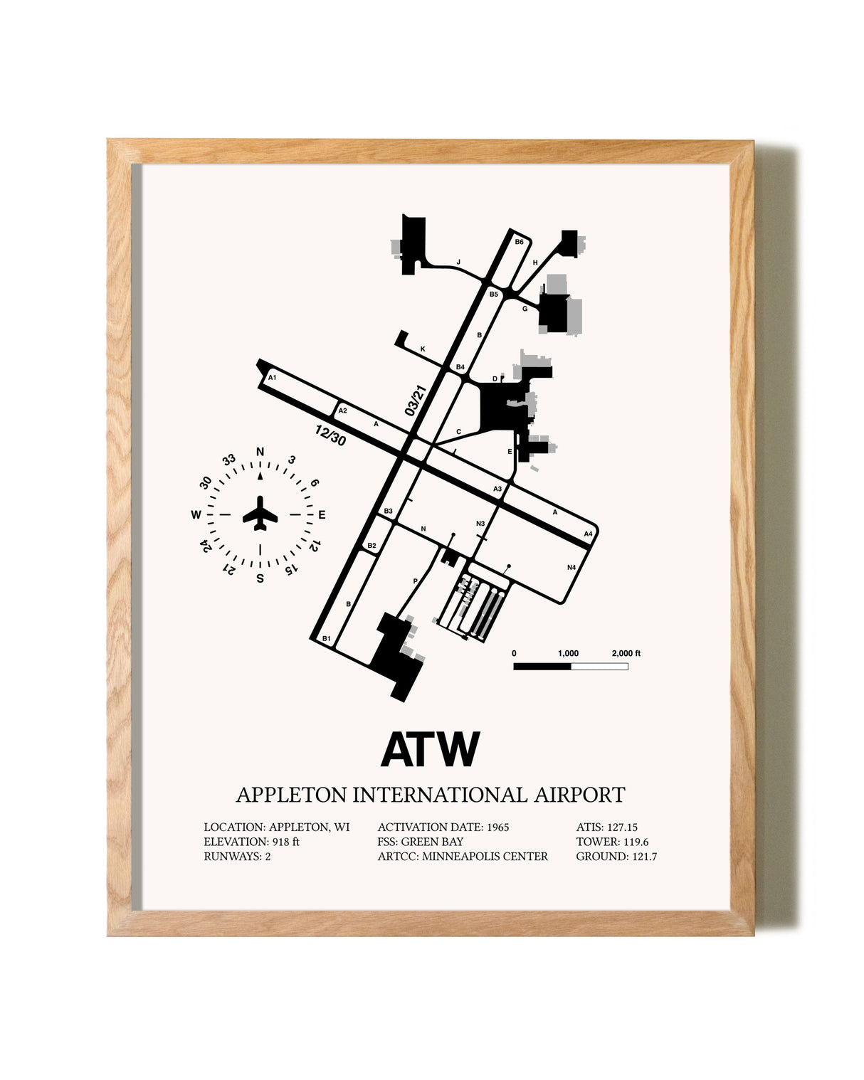 Appleton International Airport framed print in natural wood frame