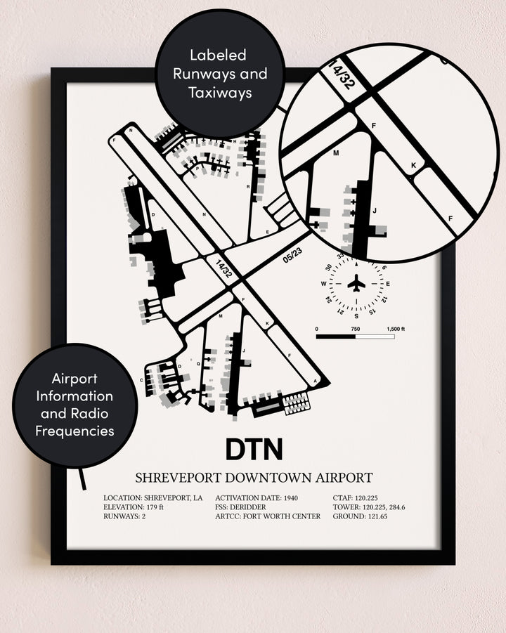 Framed Shreveport Downtown Airport layout wall art poster