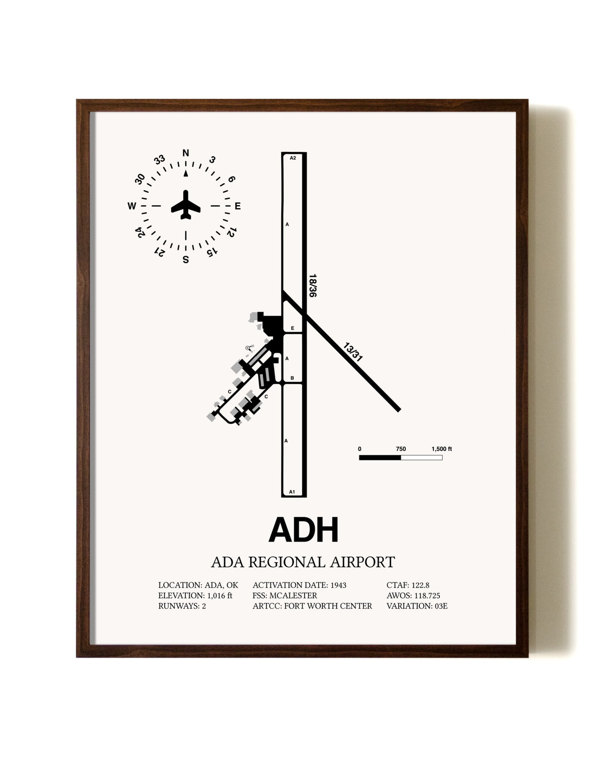 Ada Regional Airport aviation print in walnut frame