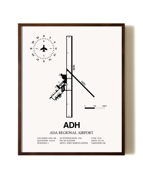 Ada Regional Airport aviation print in walnut frame