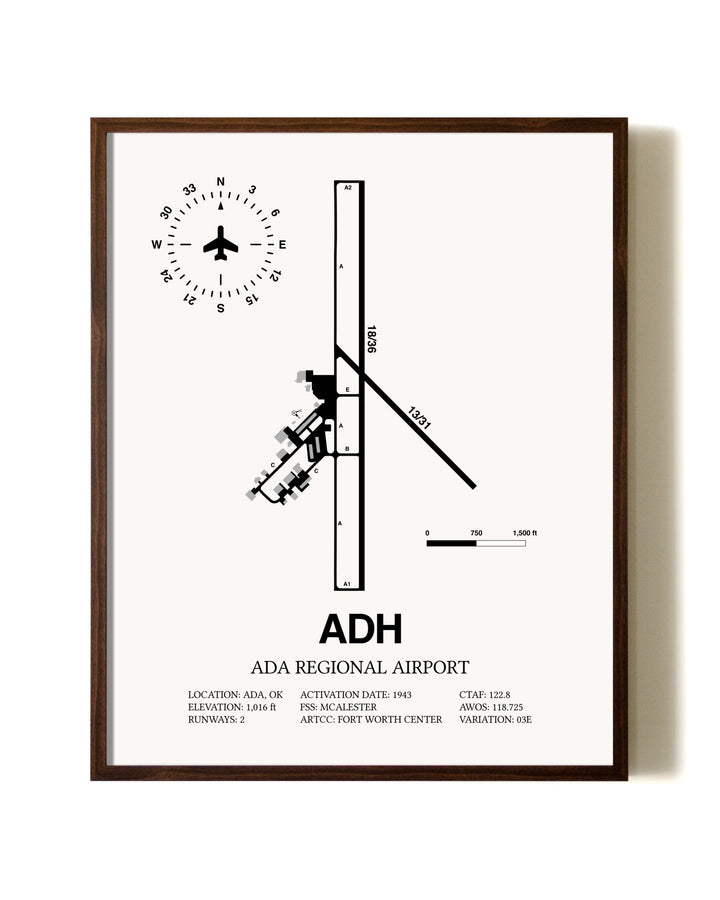 Ada Regional Airport aviation print in walnut frame