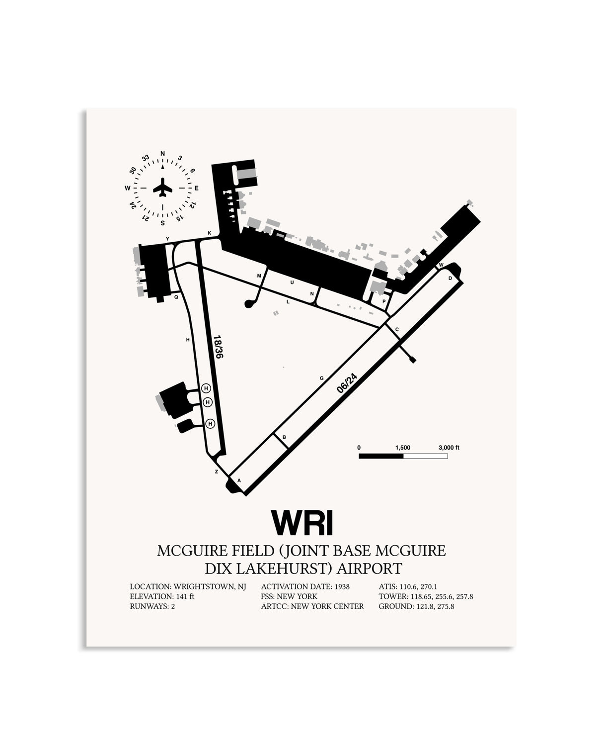 Gray McGuire Field (Joint Base McGuire Dix Lakehurst) Airport framed poster displayed in an airplane hangar