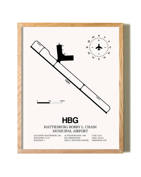 Hattiesburg Bobby L. Chain Municipal Airport framed print in natural wood frame