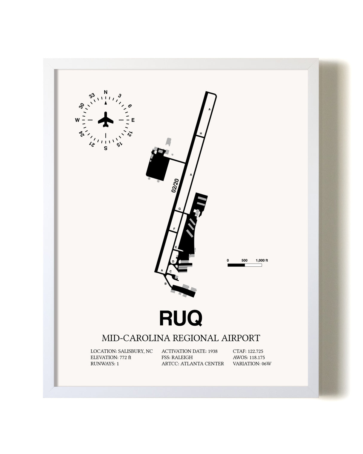 Mid-Carolina Regional Airport airport map poster in oak frame