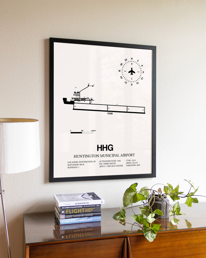 Huntington Municipal Airport aviation wall décor in black wood frame
