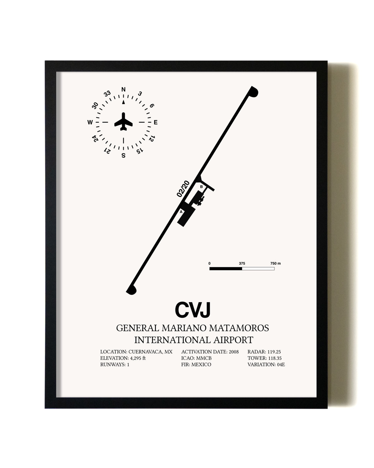 Framed General Mariano Matamoros International Airport wall art poster in black frame