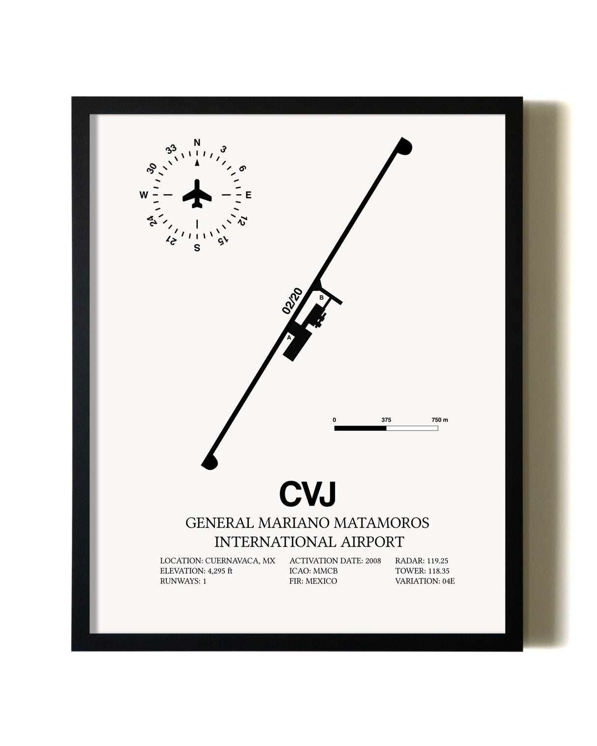 Framed General Mariano Matamoros International Airport wall art poster in black frame
