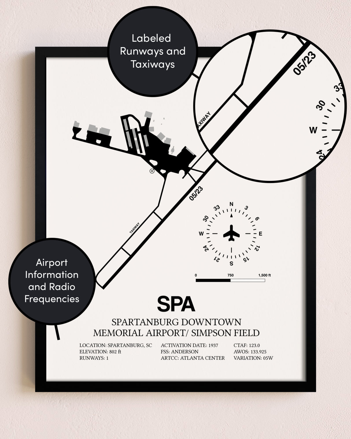 Framed Spartanburg Downtown Memorial Airport / Simpson Field layout wall art poster