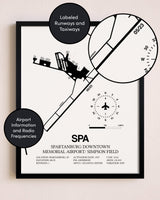 Framed Spartanburg Downtown Memorial Airport / Simpson Field layout wall art poster
