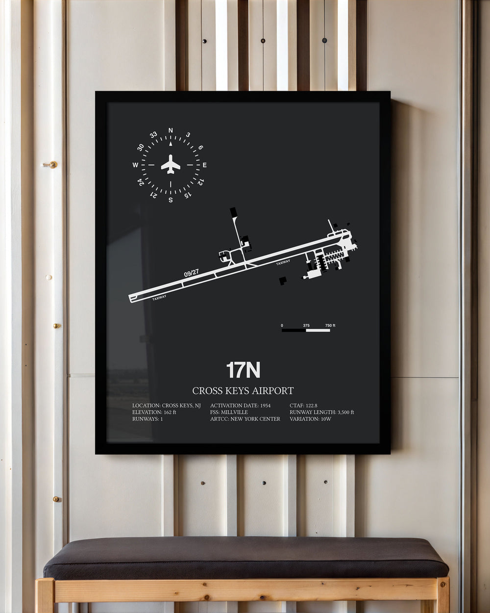 Framed Detailed Airport Map of Cross Keys Airport (17N) in Gray with a Black Frame
