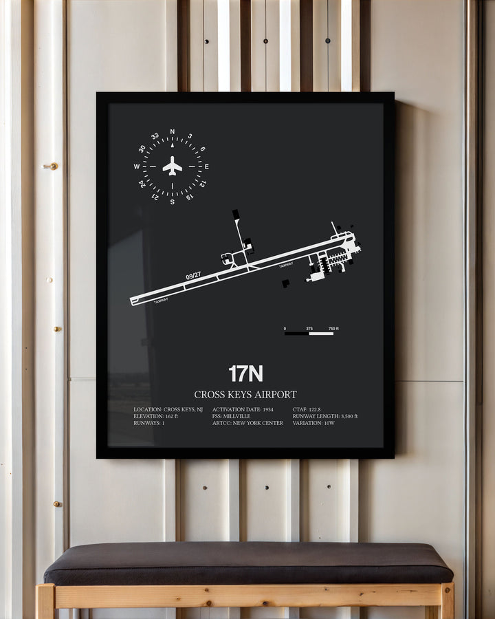 Framed Detailed Airport Map of Cross Keys Airport (17N) in Gray with a Black Frame
