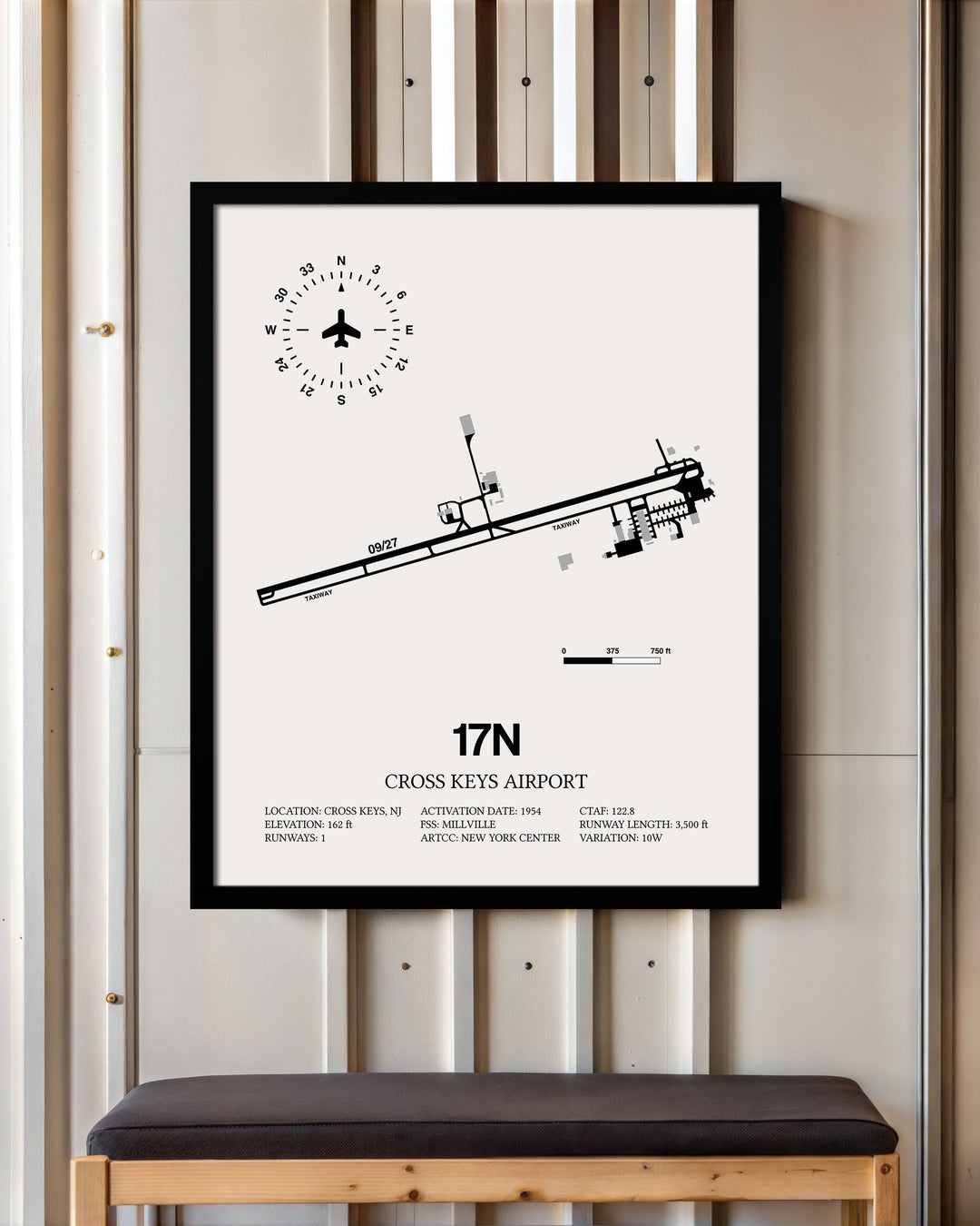 Framed Detailed Airport Map of Cross Keys Airport (17N) in White with a Black Frame