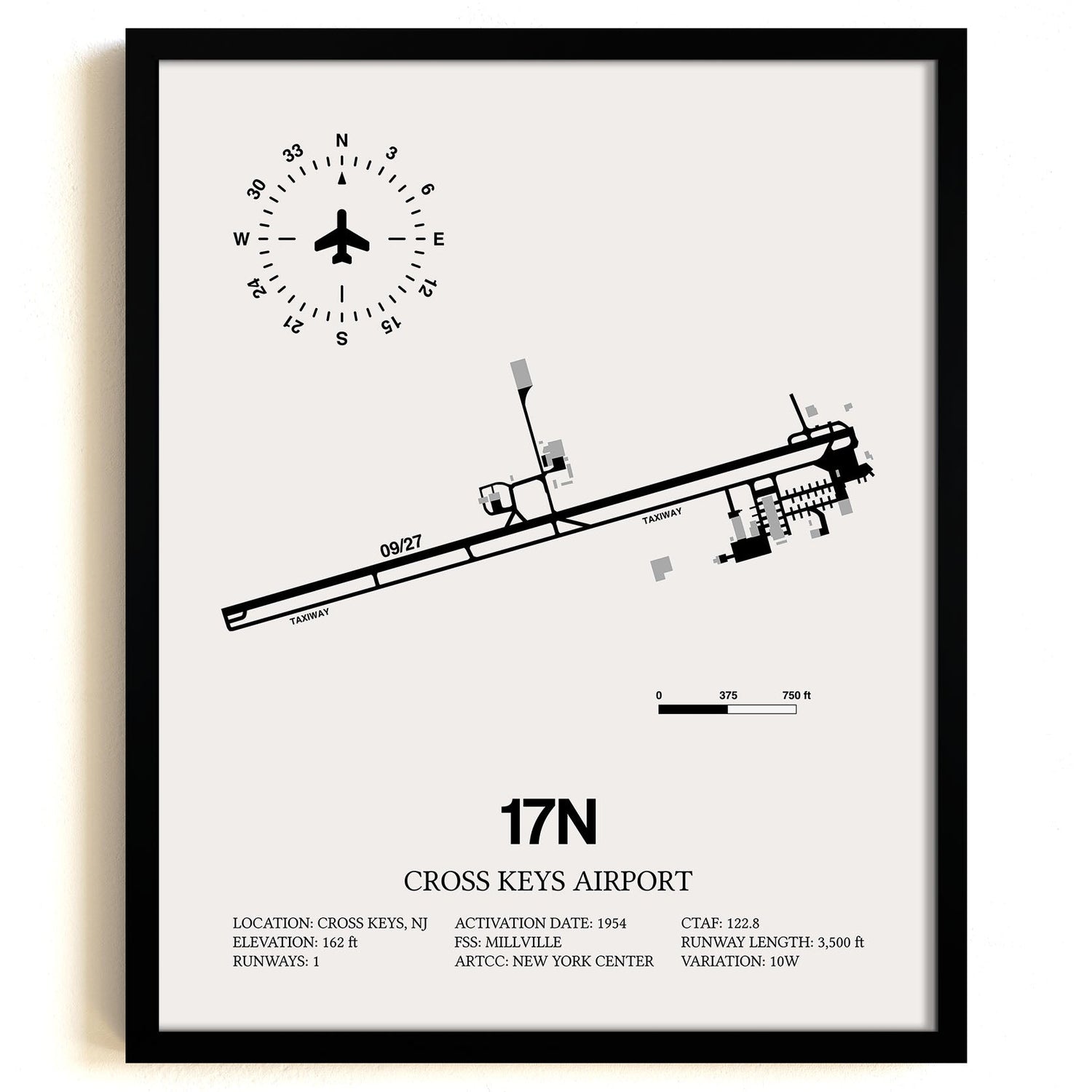 Framed Detailed Airport Map of Cross Keys Airport (17N) in White with a Black Frame