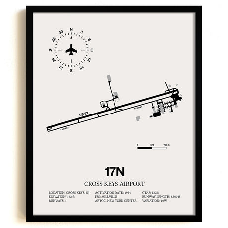 Framed Detailed Airport Map of Cross Keys Airport (17N) in White with a Black Frame