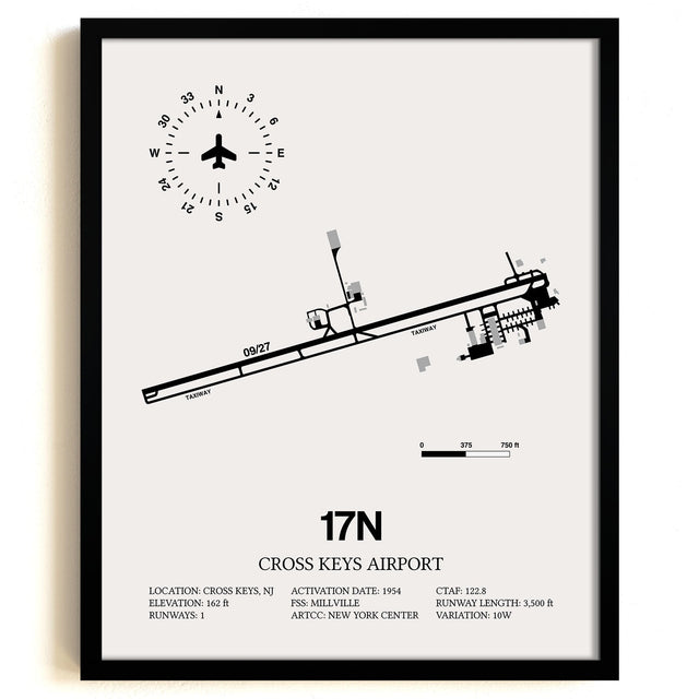Framed Detailed Airport Map of Cross Keys Airport (17N) in White with a Black Frame