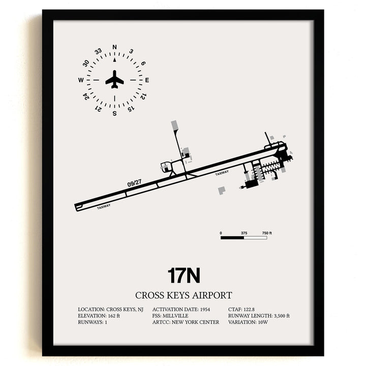Framed Detailed Airport Map of Cross Keys Airport (17N) in White with a Black Frame