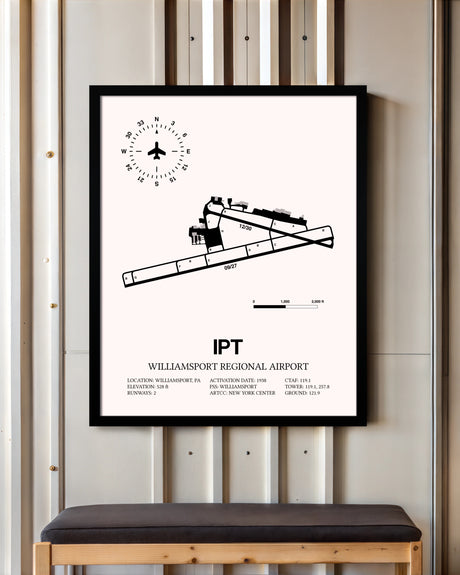 Williamsport Regional Airport framed poster displayed in an airplane hangar