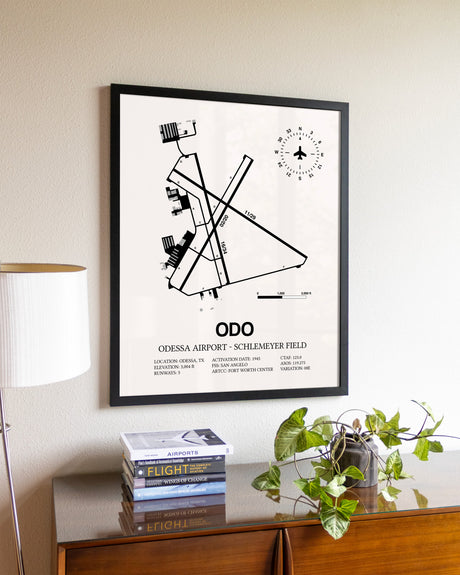Odessa Airport-Schlemeyer Field aviation wall décor in black wood frame