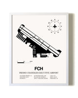Fresno Chandler Executive Airport airport map poster in oak frame