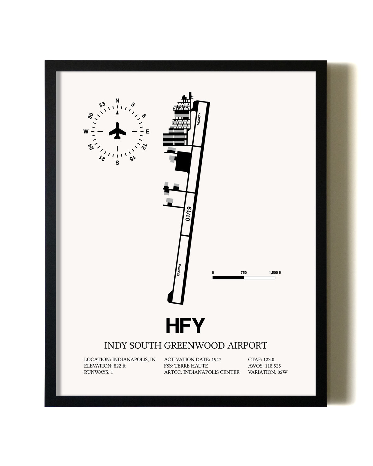 Framed Indy South Greenwood Airport wall art poster in black frame
