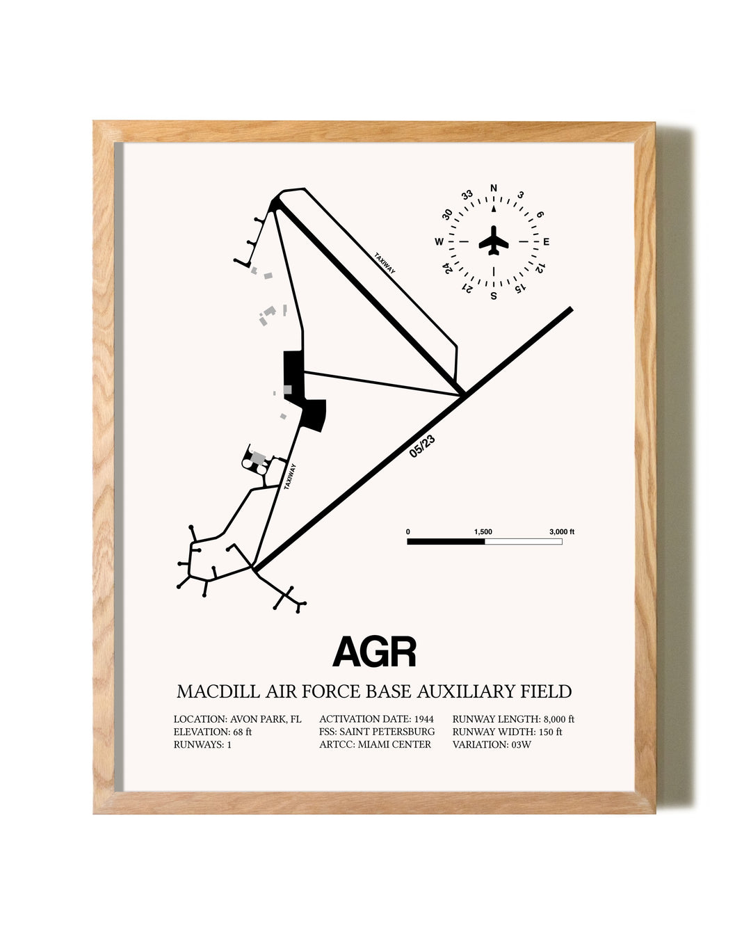 MacDill Air Force Base Auxiliary Field framed print in natural wood frame