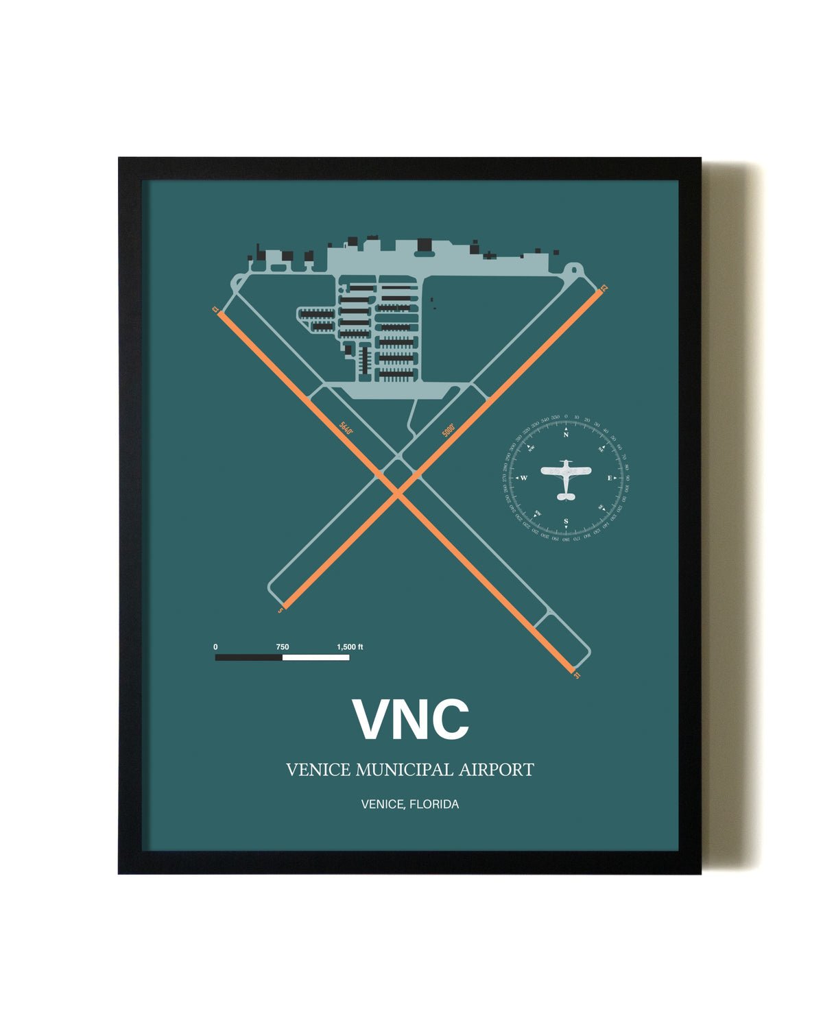 Green Venice Municipal Airport aviation wall décor in black wood frame