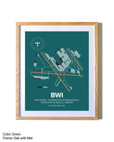 Baltimore/Washington International Thurgood Marshall Airport airport map poster in oak frame with mat