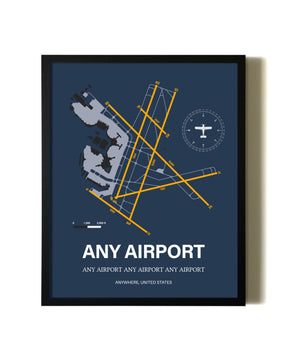 Blue and Yellow Framed Any Airport wall art poster in black frame