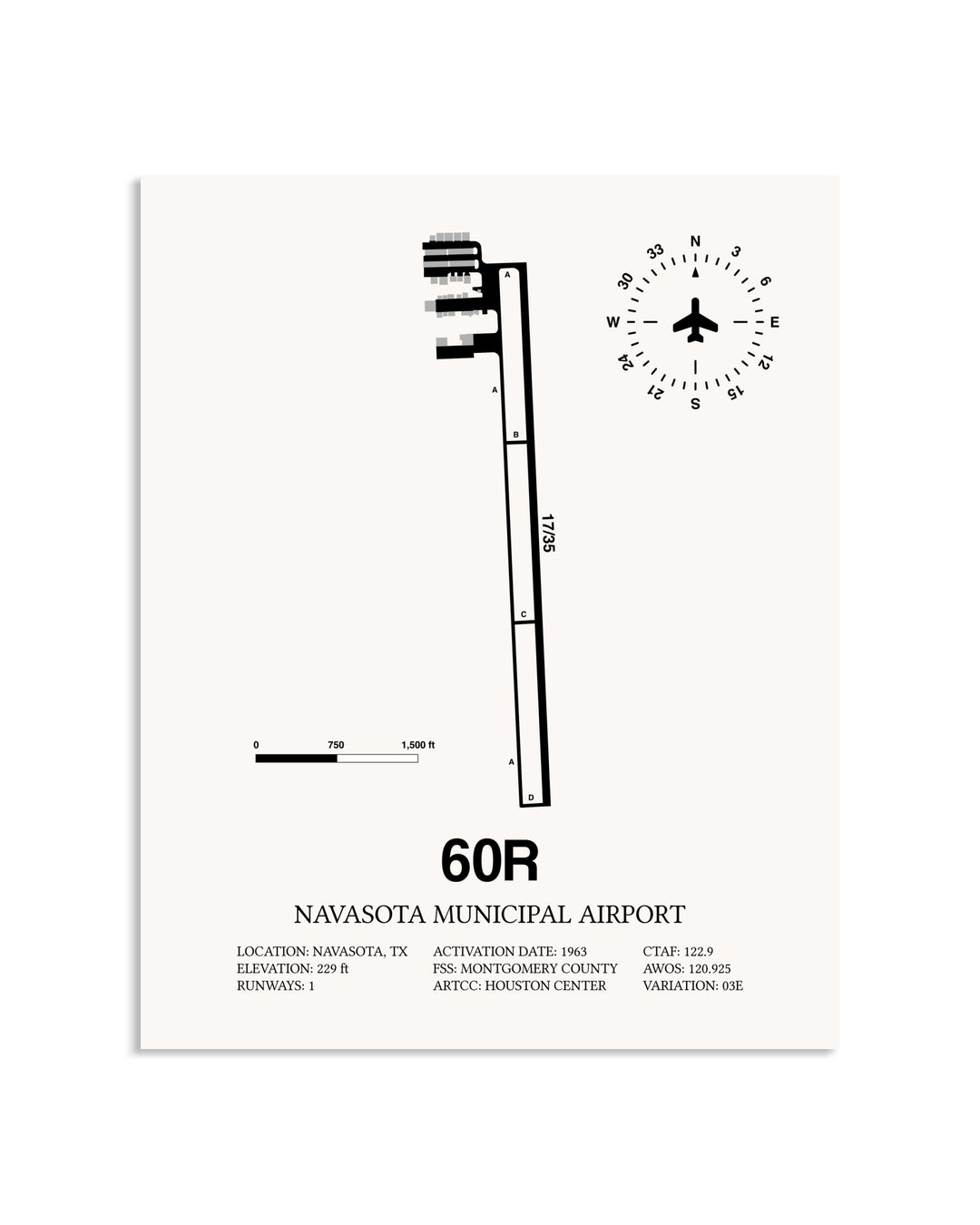 Gray Navasota Municipal Airport framed poster displayed in an airplane hangar