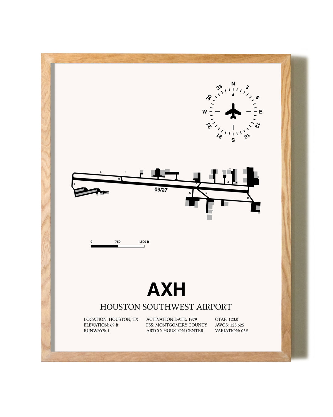 Houston Southwest Airport framed print in natural wood frame