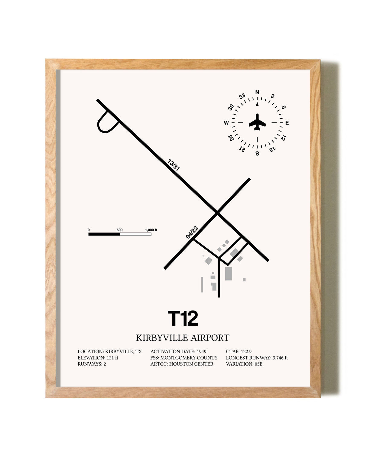 Kirbyville Airport framed print in natural wood frame